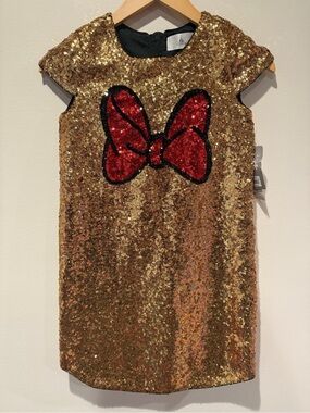 Disney Gold Sequin Dress with Red Bow